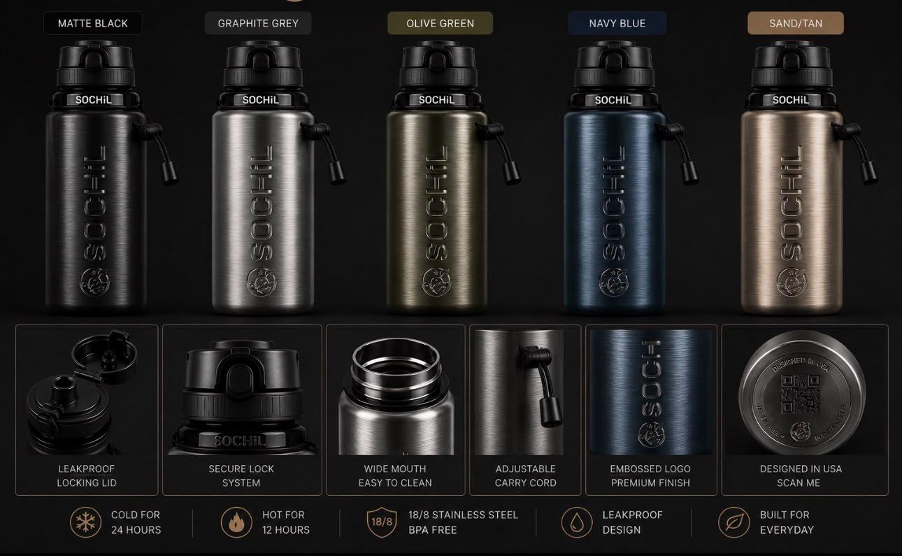 The Sochil Bottle: locking lid, wide mouth, carry cord, and embossed finish